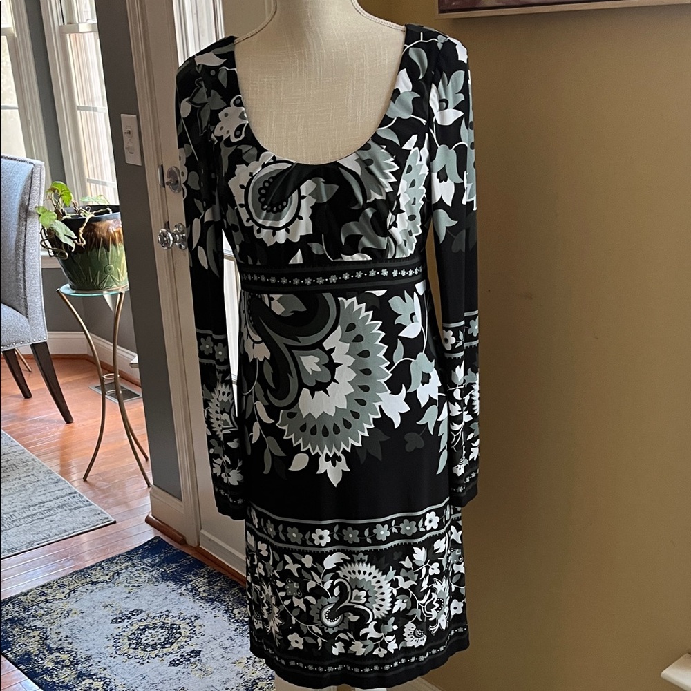 OC by Oleg Cassini Black and White Patterned Dress, Size 4